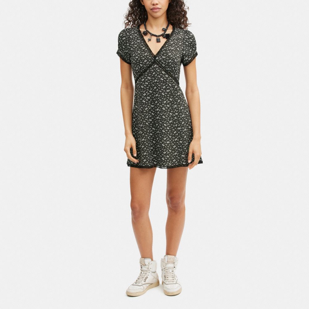 COACH®,Floral V Neck Dress,Viscose,Lining Polyester,Empire,A-Line,Lace Embellishment,Ruched,Sheer,Casual,Multi Color,Scale View