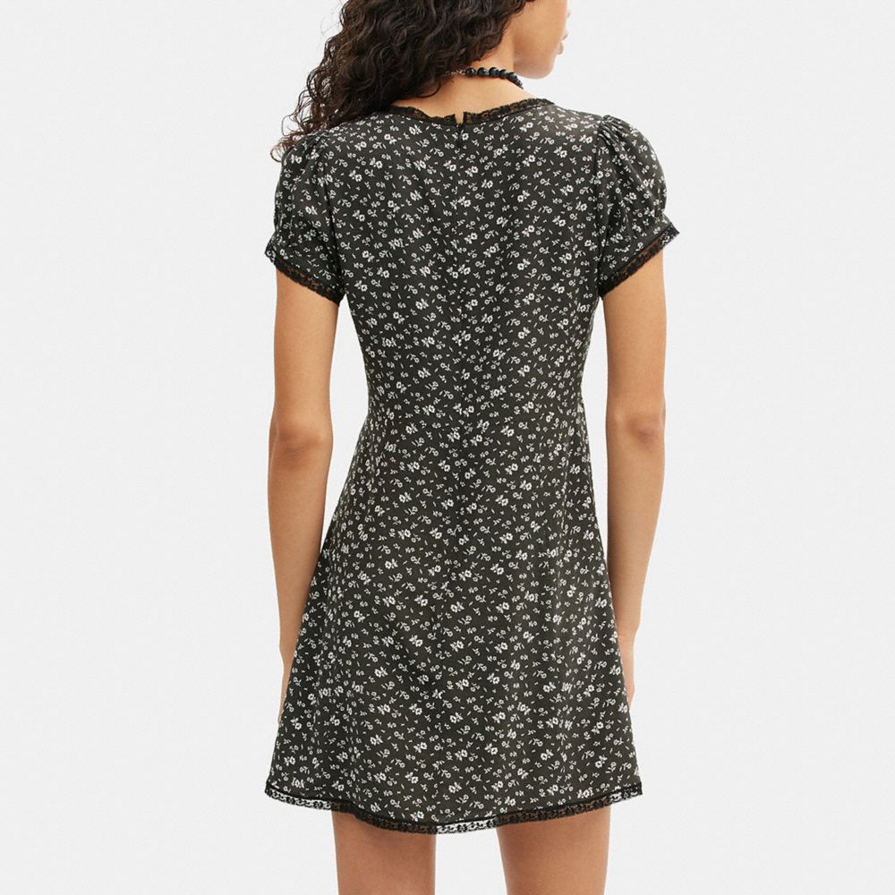 COACH®,Floral V Neck Dress,Viscose,Lining Polyester,Empire,A-Line,Lace Embellishment,Ruched,Sheer,Casual,Multi Color,Scale View