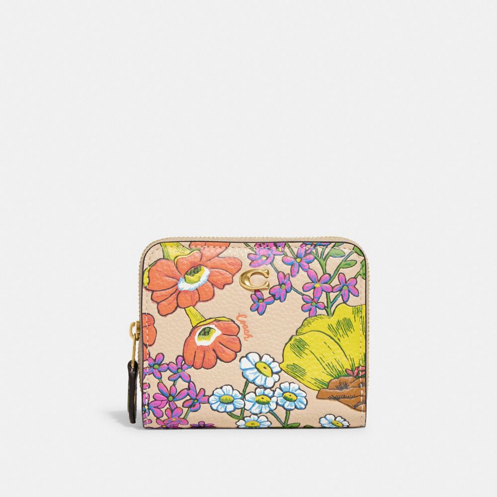 COACH®,BILLFOLD WALLET WITH FLORAL PRINT,Pebble Leather,Mini,Brass/Ivory Multi,Front View