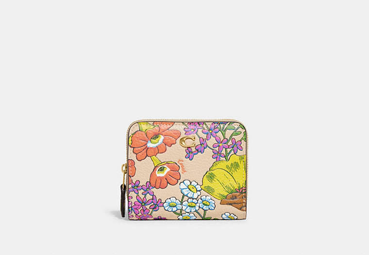 COACH®,BILLFOLD WALLET WITH FLORAL PRINT,Pebble Leather,Mini,Brass/Ivory Multi,Front View