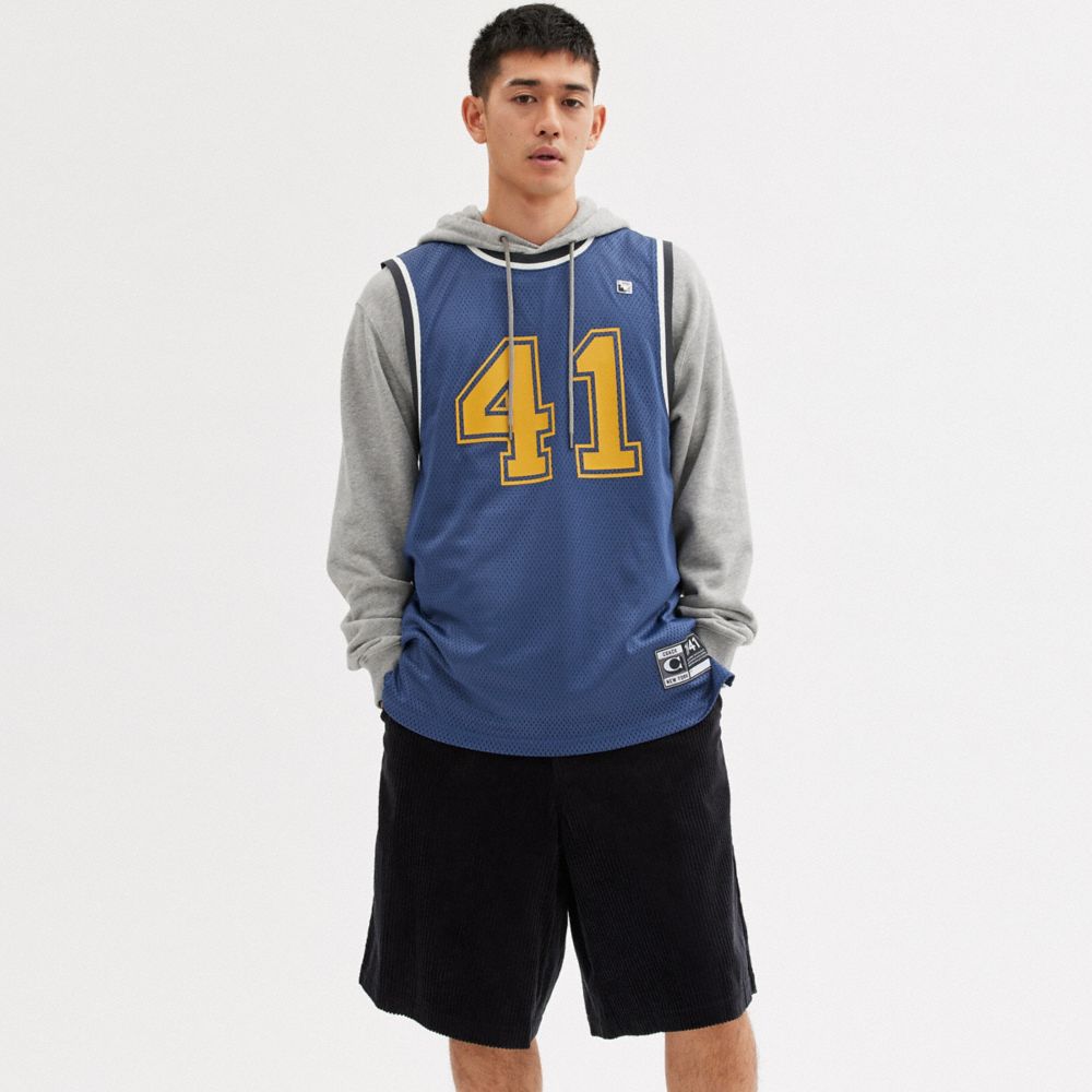 COACH®,Sport Jersey,Polyester,Tank,Stripe,Tag Embellishment,Logo,Word Embellishment,Casual,Blue,Scale View