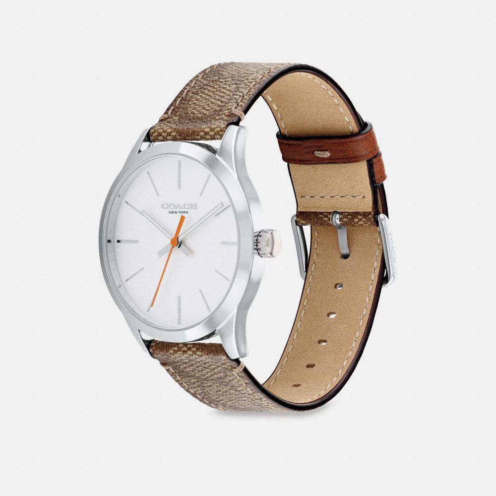 COACH®,Baxter Watch, 39 Mm,Analog,Crystal,Leather,Mineral,Logo,Word Embellishment,Water Resistant,Stainless Steel,Silver M...,Brown,Angle View