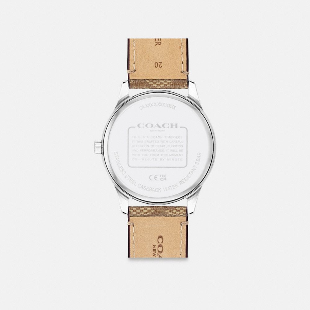 COACH®,Baxter Watch, 39 Mm,Analog,Crystal,Leather,Mineral,Logo,Word Embellishment,Water Resistant,Stainless Steel,Silver M...,Brown,Back View