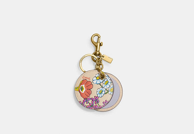 COACH®,MIRROR BAG CHARM WITH FLORAL PRINT,Glovetanned Leather,Brass/Ivory Multi,Front View