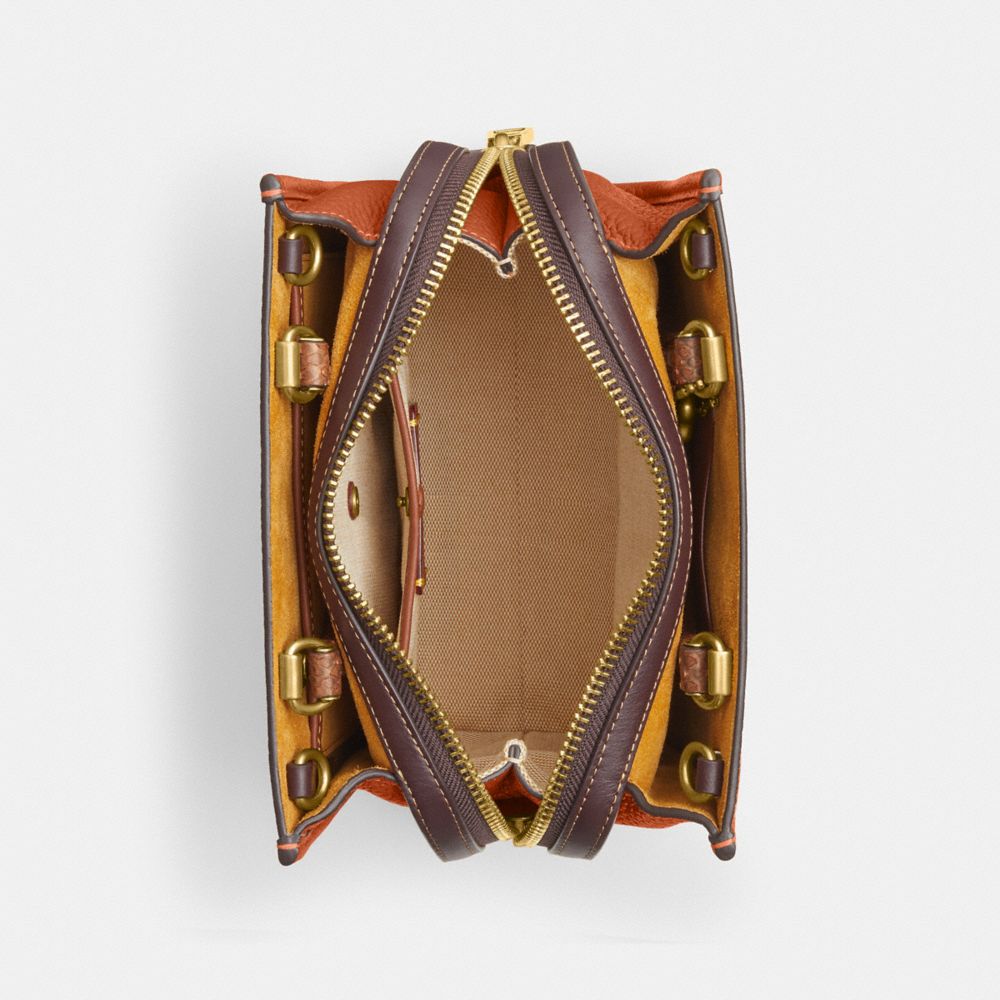COACH®,Rogue 20 In Regenerative Leather With Snakeskin Detail,Leather,Suede,Satchel,Logo,Metal,Stitching,Compact,Work,Brown,Inside View,Top View