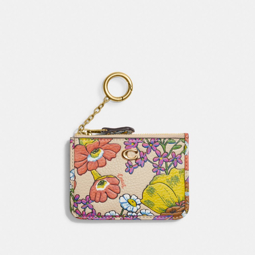 COACH®,MINI SKINNY ID CASE WITH FLORAL PRINT,Pebble Leather,Mini,Brass/Ivory Multi,Front View