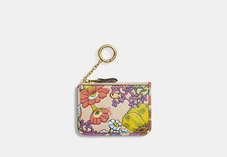 COACH®,MINI SKINNY ID CASE WITH FLORAL PRINT,Pebble Leather,Mini,Brass/Ivory Multi,Front View