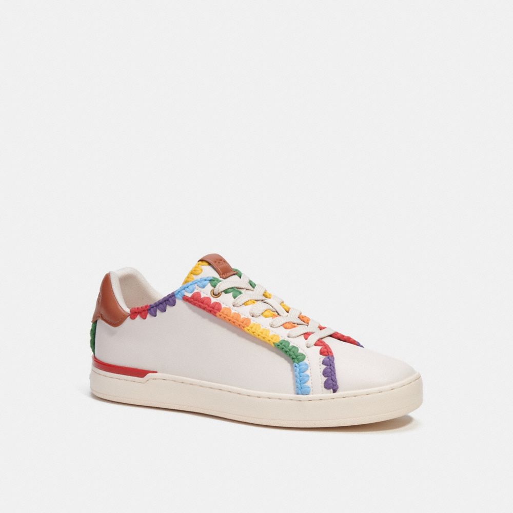 COACH®,LOWLINE LOW TOP SNEAKER WITH RAINBOW CROCHET,Leather,Chalk,Front View image number 0