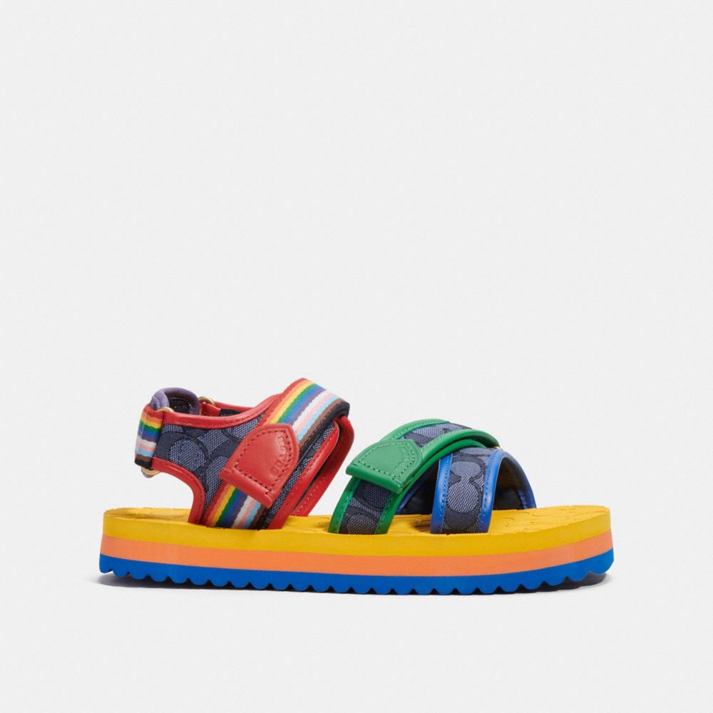 COACH®,SPORT SANDAL IN SIGNATURE JACQUARD AND RAINBOW,Signature Jacquard,Midnight Navy,Angle View