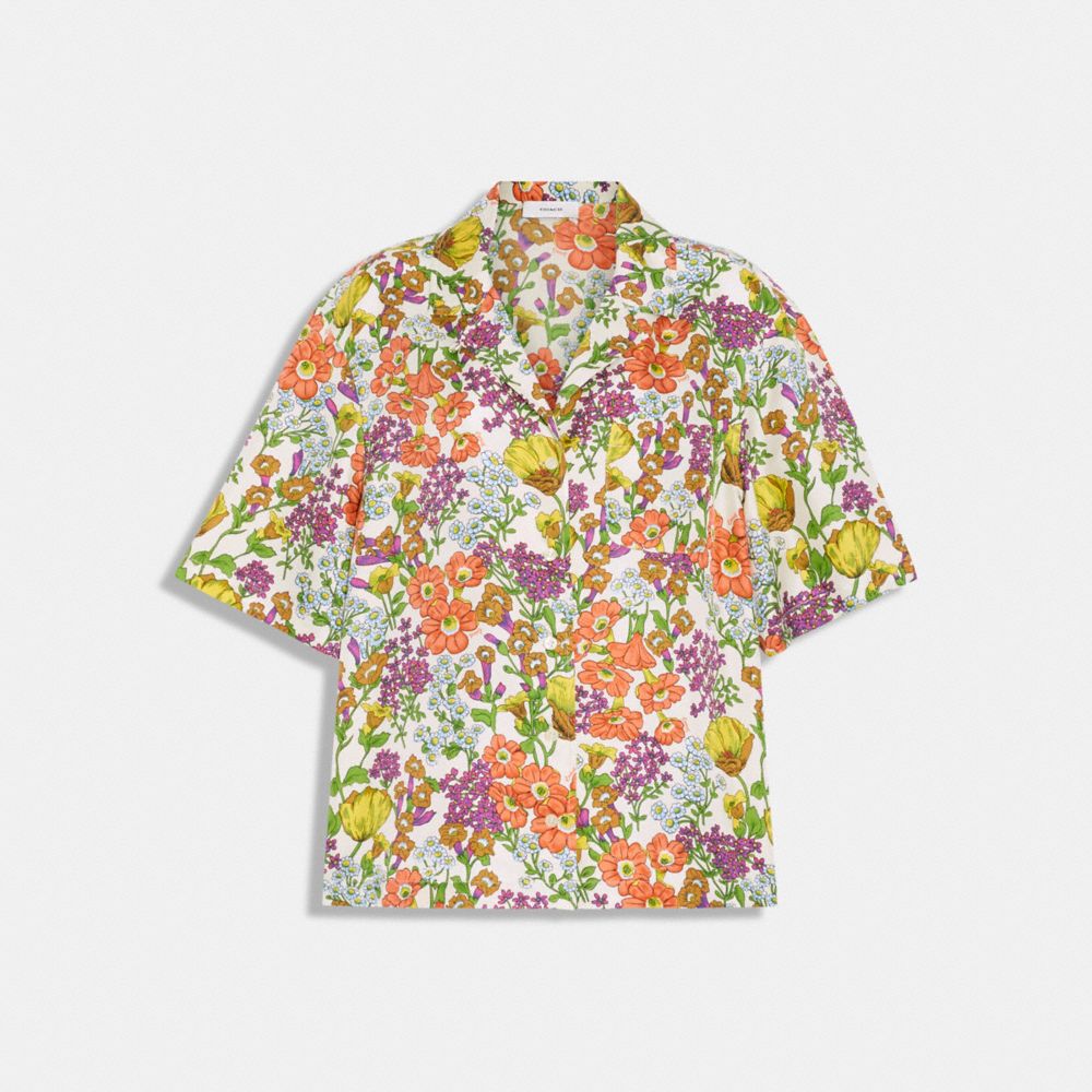 COACH®,FLORAL BUTTON DOWN SHIRT,Silk,Floral,Ivory Multi,Front View image number 0