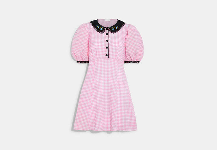 COACH®,GINGHAM DRESS WITH COLLAR,cotton,Pink/Multi,Front View