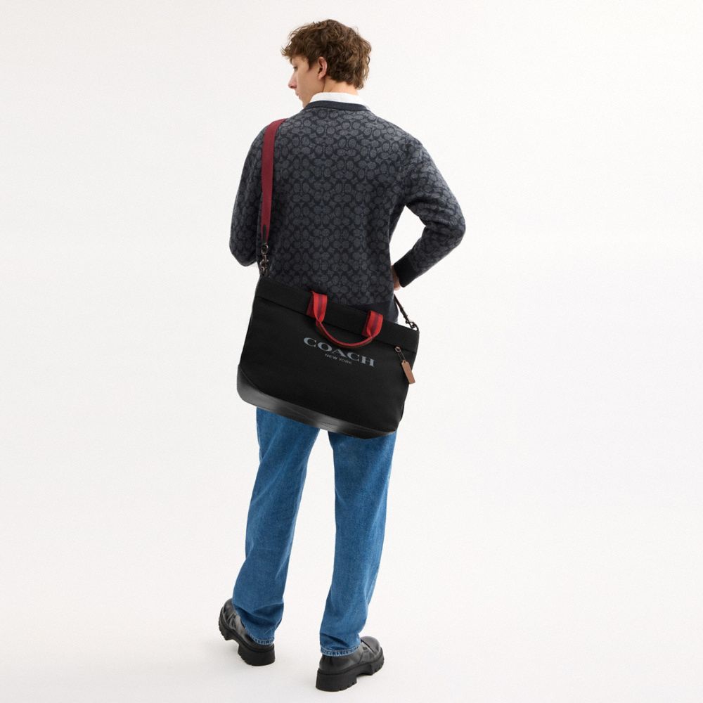 COACH®,Canvas Tote Bag 38,Canvas,Synthetic,Leather,Tote,Logo,Word Embellishment,Stripe,Gunmetal,Casual,Black,Detail View