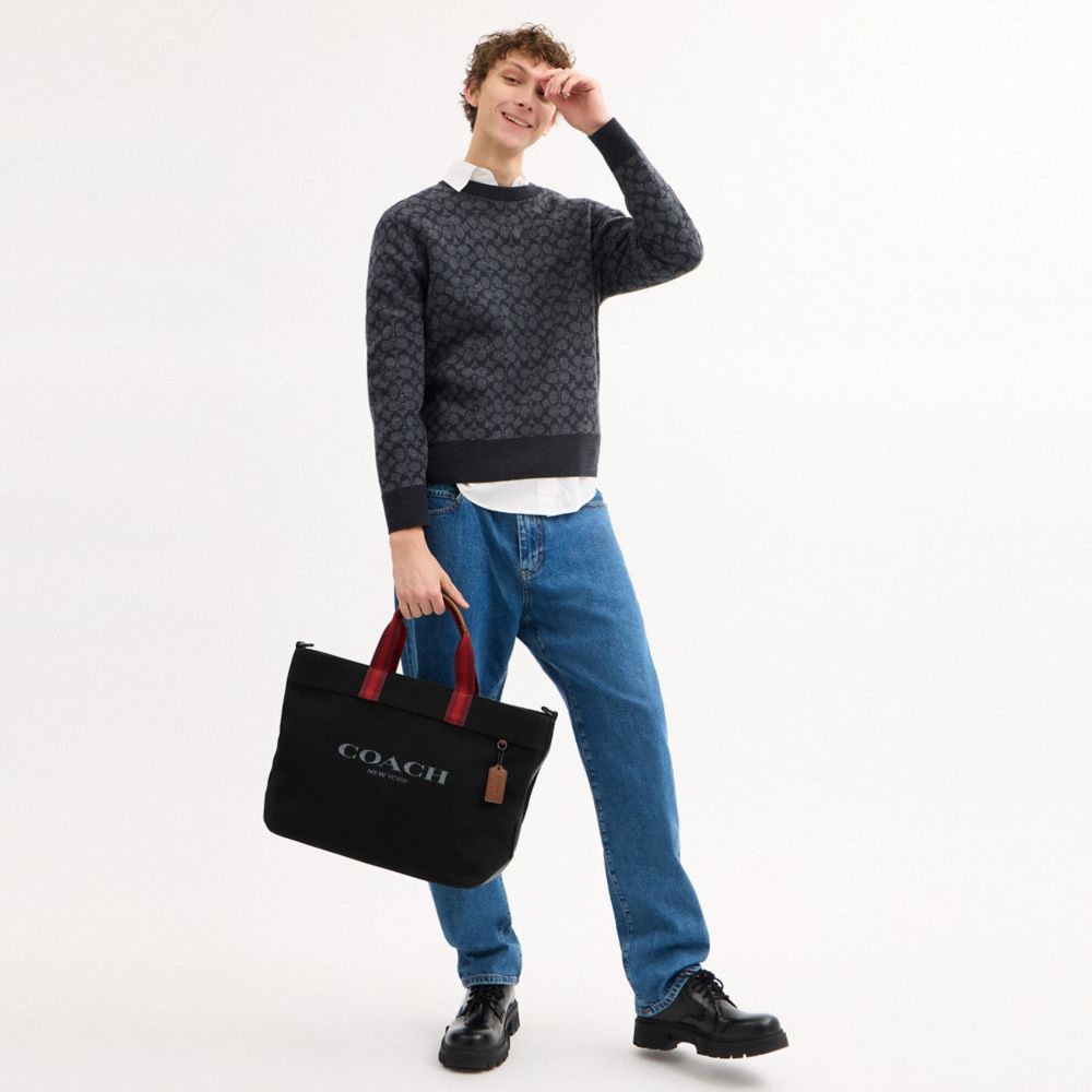 COACH®,Canvas Tote Bag 38,Canvas,Synthetic,Leather,Tote,Logo,Word Embellishment,Stripe,Gunmetal,Casual,Black,Detail View
