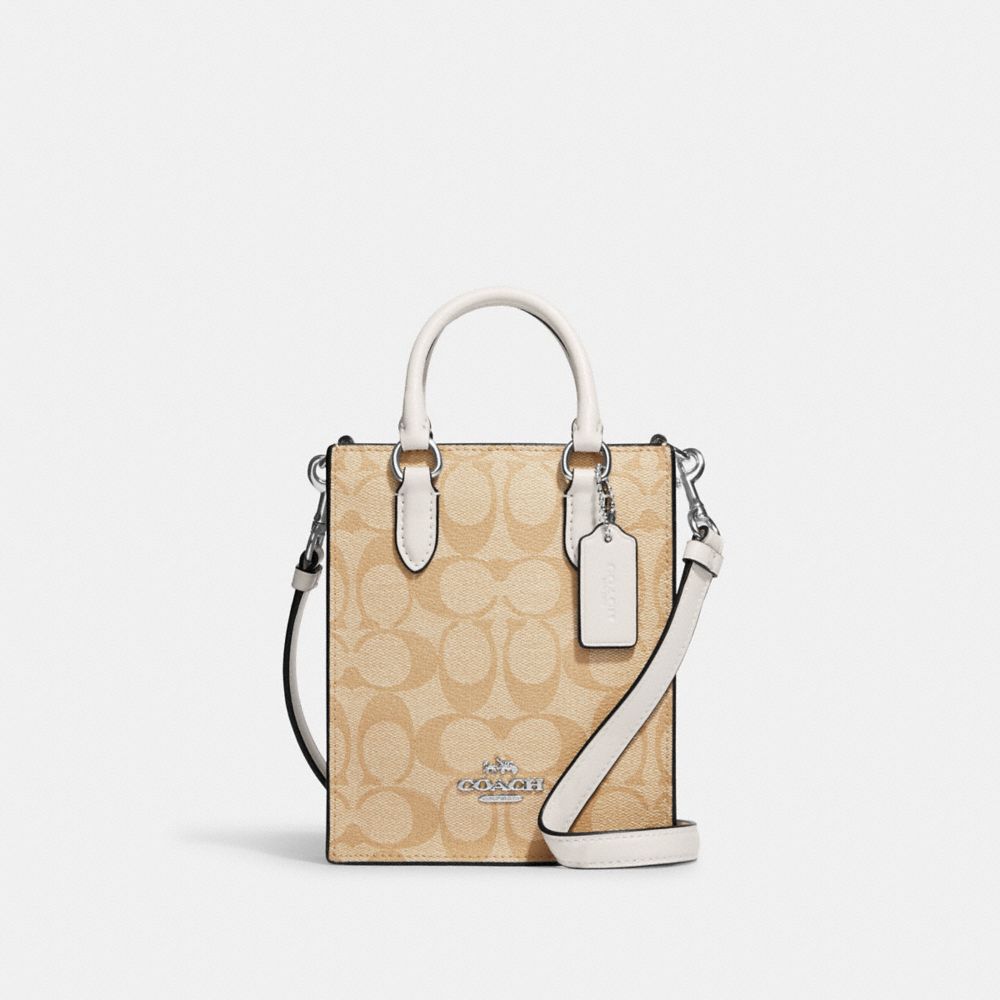 COACH®,NORTH SOUTH MINI TOTE IN SIGNATURE CANVAS,Signature Canvas,Mini,Silver/Light Khaki/Chalk,Front View