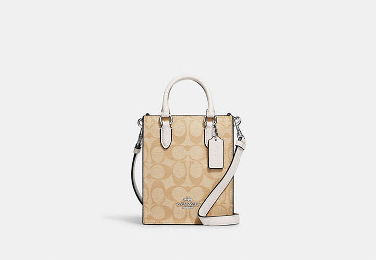 COACH®,NORTH SOUTH MINI TOTE IN SIGNATURE CANVAS,pvc,Silver/Light Khaki/Chalk,Front View image number 0