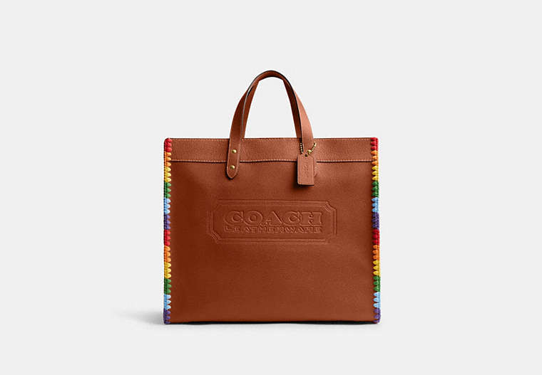 COACH®,FIELD TOTE 40 WITH RAINBOW CROCHET,Polished Pebble Leather,X-Large,Burnished Amber Multicolor,Front View