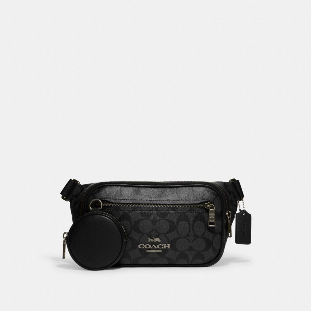 COACH®,ELIAS BELT BAG IN SIGNATURE CANVAS,Signature Canvas,Small,Everyday,Gunmetal/Charcoal,Front View