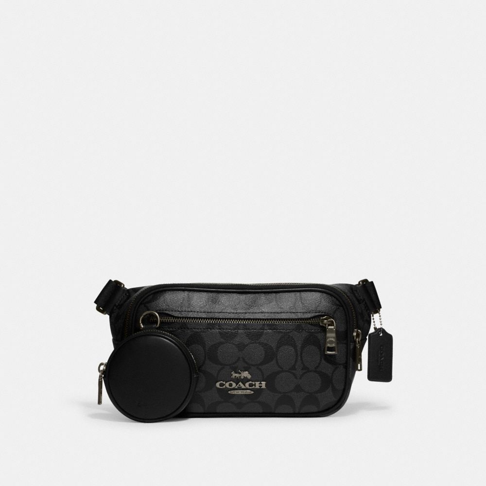 COACH®,Elias Belt Bag In Signature Canvas,Calfskin Leather,Canvas,Leather,Belt Bag,Coin,PVC,Logo,Chest Waist Strap,Casual,Black,Front View