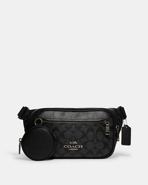 COACH®,ELIAS BELT BAG IN SIGNATURE CANVAS,pvc,Small,Everyday,Gunmetal/Charcoal,Front View