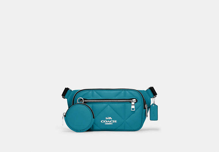 COACH®,ELIAS BELT BAG WITH PUFFY DIAMOND QUILTING,Leather,Medium,Silver/Teal,Front View