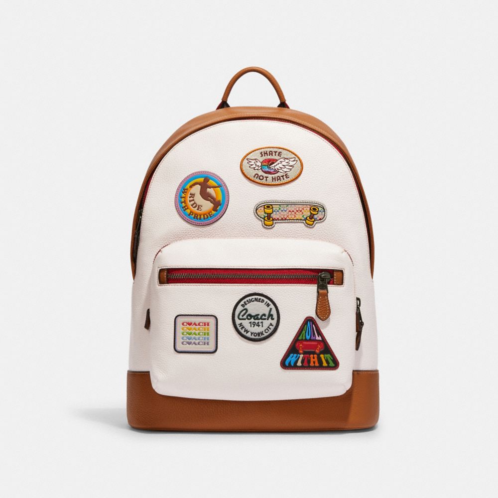 COACH®,WEST BACKPACK WITH PATCHES,Leather,Gunmetal/Chalk Multi,Front View
