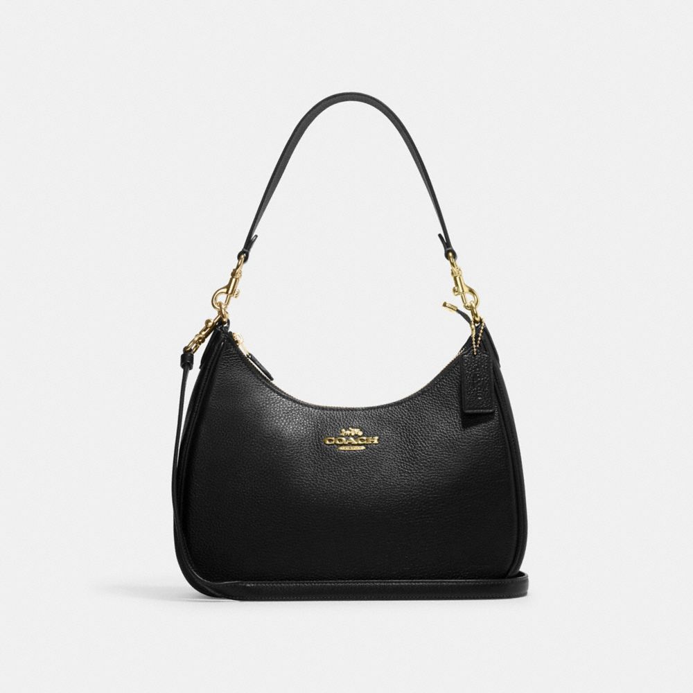 COACH®,TERI HOBO BAG,Pebbled Leather,Medium,Anniversary,Gold/Black,Front View