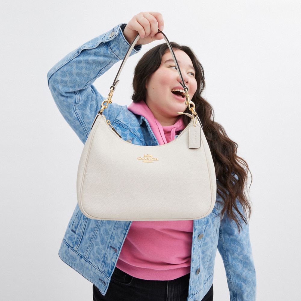 COACH®,Teri Hobo Bag,Leather,Shoulder Bag,Gold Metal,Casual,Cream,Detail View