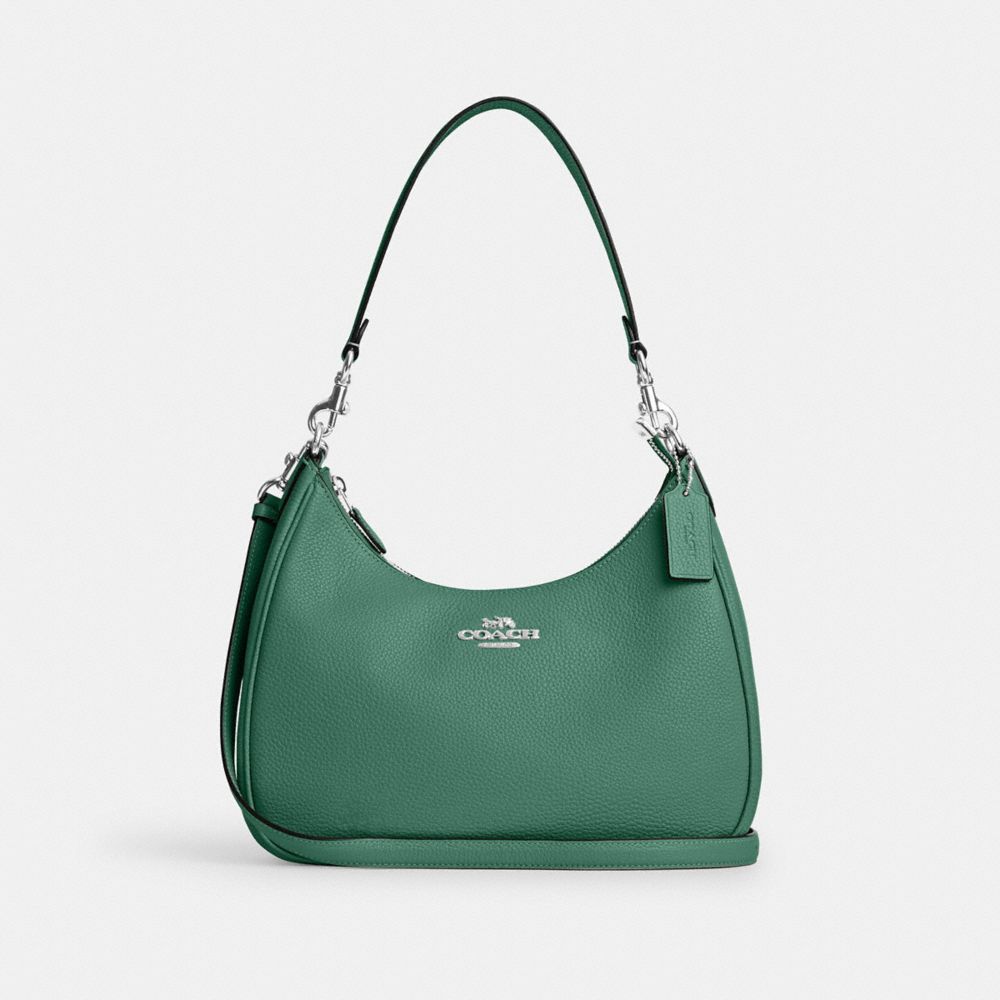 COACH®,TERI HOBO BAG,Pebbled Leather,Anniversary,Silver/Bright Green,Front View