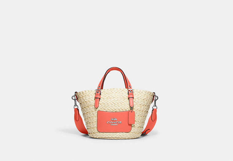 COACH®,SMALL TOTE,Straw,Large,Silver/Natural/Tangerine,Front View