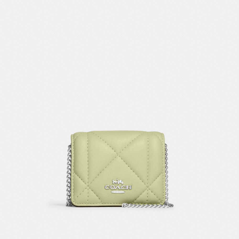 COACH®,MINI WALLET ON A CHAIN WITH PUFFY DIAMOND QUILTING,Novelty Leather,Mini,Silver/Pale Lime,Front View