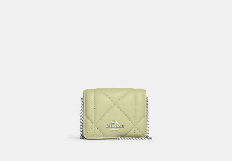 COACH®,MINI WALLET ON A CHAIN WITH PUFFY DIAMOND QUILTING,Leather,Mini,Silver/Pale Lime,Front View