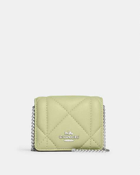 COACH®,MINI WALLET ON A CHAIN WITH PUFFY DIAMOND QUILTING,Leather,Silver/Pale Lime,Front View