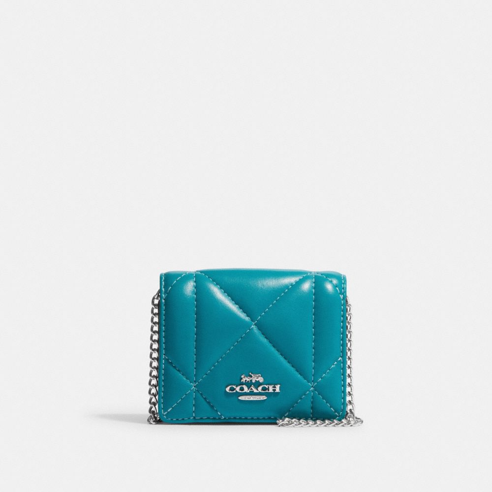 COACH®,MINI WALLET ON A CHAIN WITH PUFFY DIAMOND QUILTING,Novelty Leather,Mini,Silver/Teal,Front View