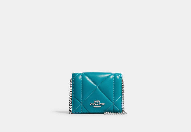 COACH®,MINI WALLET ON A CHAIN WITH PUFFY DIAMOND QUILTING,Leather,Mini,Silver/Teal,Front View
