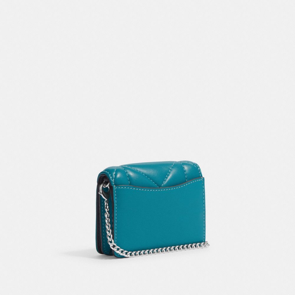 COACH®,MINI WALLET ON A CHAIN WITH PUFFY DIAMOND QUILTING,Mini,Silver/Teal,Angle View