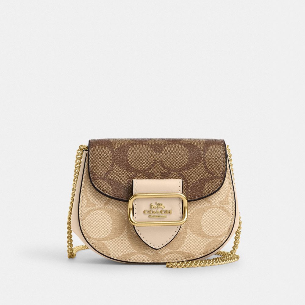 COACH®,MORGAN CARD CASE ON A CHAIN IN BLOCKED SIGNATURE CANVAS,Signature Canvas,Mini,Gold/Light Khaki/Ivory Multi,Front View