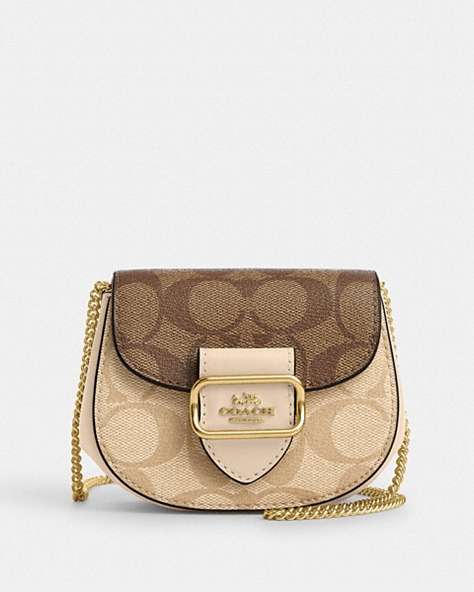 COACH®,MORGAN CARD CASE ON A CHAIN IN BLOCKED SIGNATURE CANVAS,pvc,Gold/Light Khaki/Ivory Multi,Front View