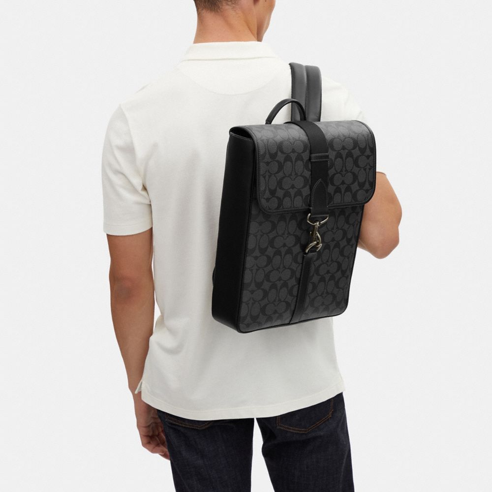 COACH®,Blaine Backpack In Signature Canvas,Calfskin Leather,Leather,Canvas,Backpack,PVC,Color Block,Logo,Silver Metal,Casual,Black,Detail View