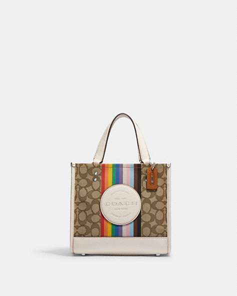 COACH®,DEMPSEY TOTE 22 IN SIGNATURE JACQUARD WITH RAINBOW STRIPE AND COACH PATCH,Jacquard,Silver/Khaki Multi,Front View