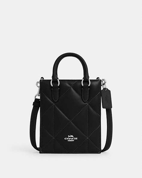 COACH®,NORTH SOUTH MINI TOTE WITH PUFFY DIAMOND QUILTING,Leather,Mini,Silver/Black,Front View