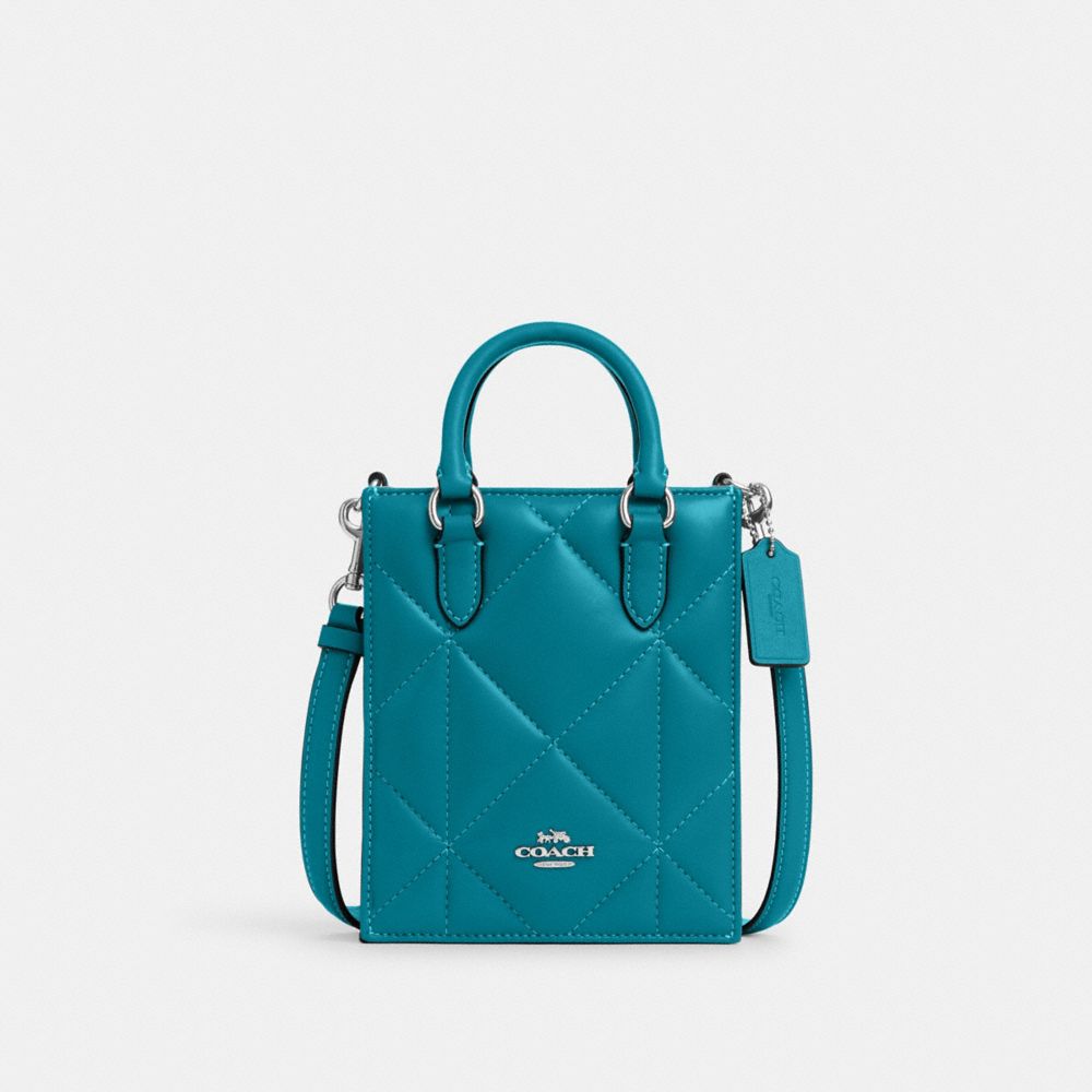 COACH®,NORTH SOUTH MINI TOTE WITH PUFFY DIAMOND QUILTING,Novelty Leather,Mini,Silver/Teal,Front View