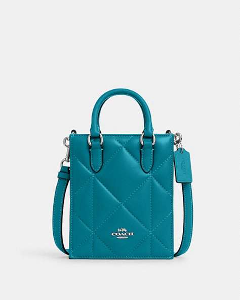 COACH®,NORTH SOUTH MINI TOTE WITH PUFFY DIAMOND QUILTING,Leather,Mini,Silver/Teal,Front View