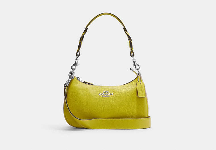COACH®,TERI SHOULDER BAG IN SIGNATURE CANVAS,Leather,Small,Silver/Light Khaki/Key Lime,Front View