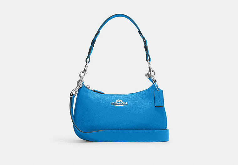 COACH®,TERI SHOULDER BAG IN SIGNATURE CANVAS,Leather,Medium,Silver/Khaki/Racer Blue,Front View