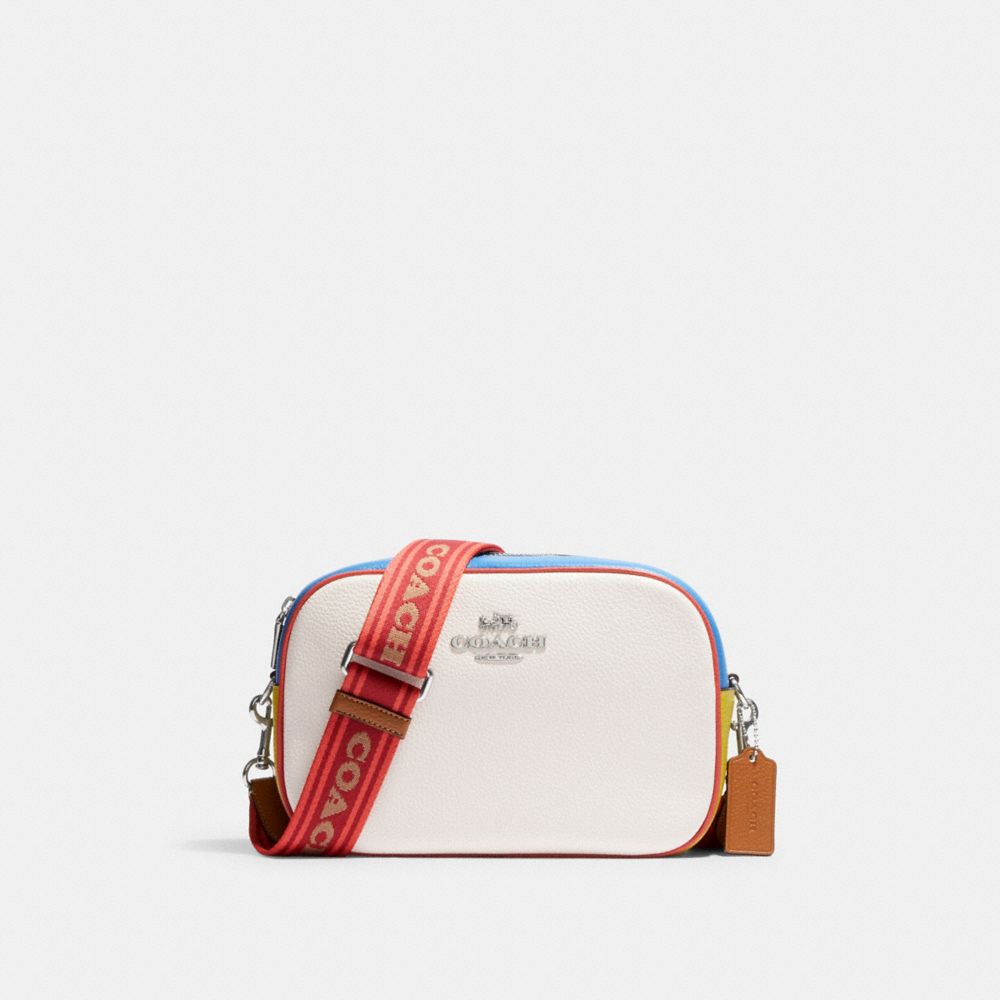 COACH®,JAMIE CAMERA BAG IN COLORBLOCK,Novelty Leather,Medium,Silver/Chalk Multi,Front View