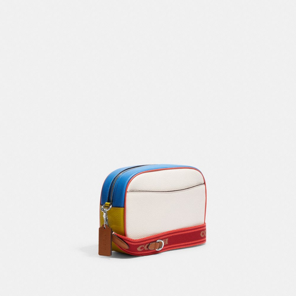 COACH®,JAMIE CAMERA BAG IN COLORBLOCK,Novelty Leather,Medium,Silver/Chalk Multi,Angle View