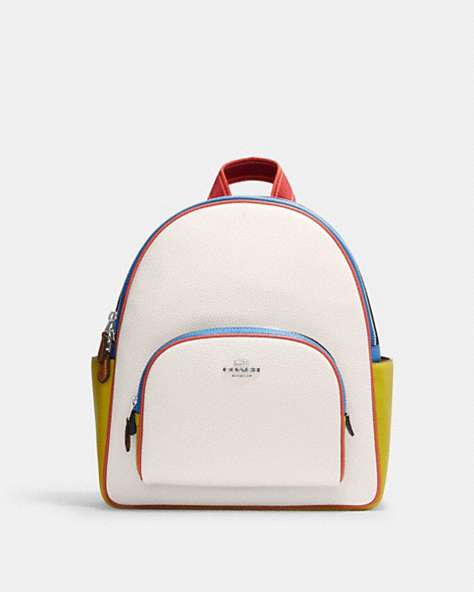 COACH®,COURT BACKPACK IN COLORBLOCK,Leather,Large,Silver/Chalk Multi,Front View