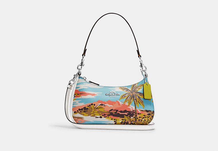 COACH®,TERI SHOULDER BAG WITH HAWAIIAN PRINT,canvas,Medium,Silver/Blue Multi,Front View