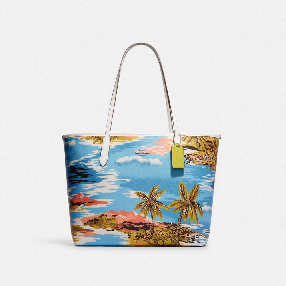 COACH®,CITY TOTE BAG WITH HAWAIIAN PRINT,Novelty Print,X-Large,Silver/Blue Multi,Front View