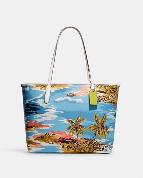 COACH®,CITY TOTE WITH HAWAIIAN PRINT,canvas,Silver/Blue Multi,Front View